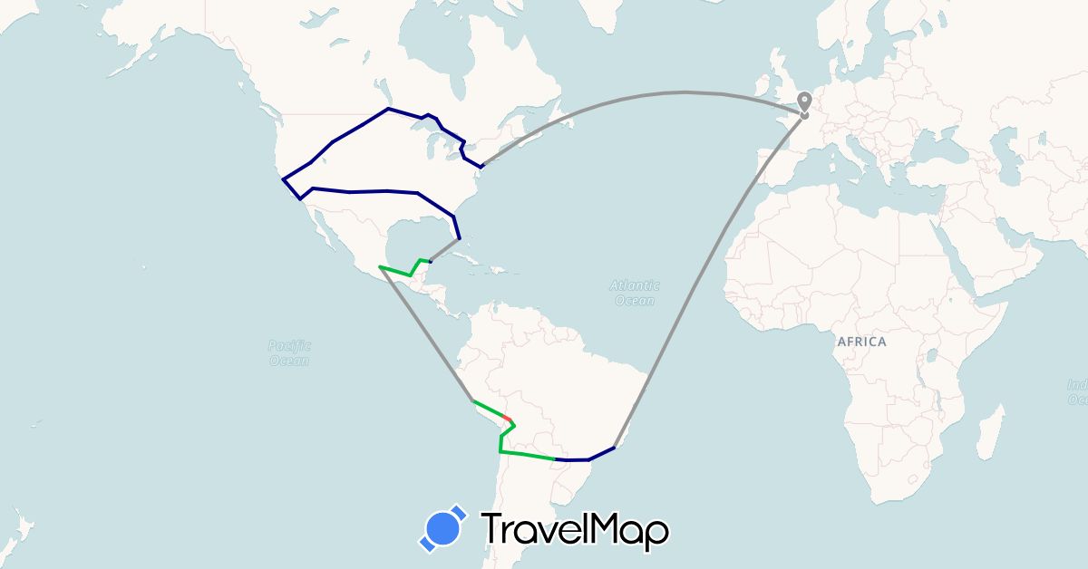 TravelMap itinerary: driving, bus, plane, hiking in Argentina, Bolivia, Brazil, Canada, Chile, France, Mexico, Peru, Paraguay, United States (Europe, North America, South America)